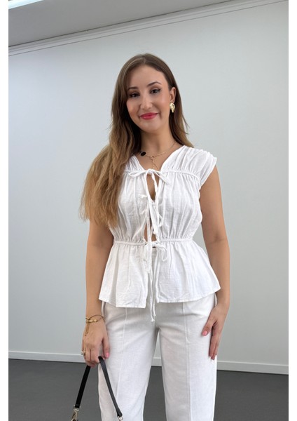 Mitra Beyaz Bağlamalı %100 Pamuk Bluz