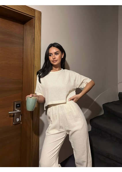 Bej Keten Kumaş Pantolon Crop Top Takım modelleri