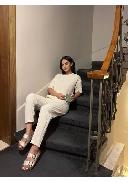 Bej Keten Kumaş Pantolon Crop Top Takım fırsatları