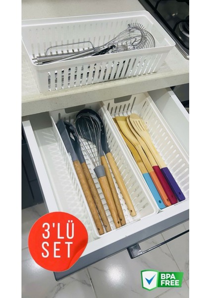 Beyaz 3'lü Modüler Kaşıklık ve Kepçelik Çekmece Içi Düzenleyici