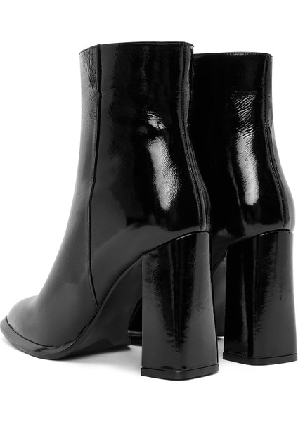 Kadın Siyah Fermuarlı Yüksek Kalın Topuklu Rugan Deri Bot 25WFD131116