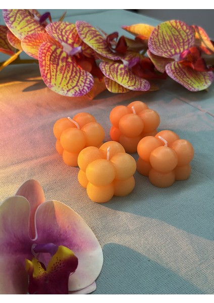 4'lü Bubble Küp Mum Seti | 4x4 cm Dekoratif Mum Kayısı Turuncusu