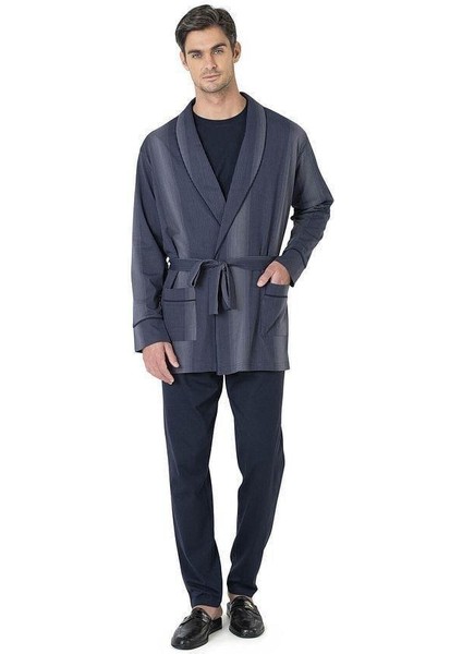 3'lü Çizgili Robdöşambır Penye Pijama Takım Kutulu Damat Çeyiz Seti