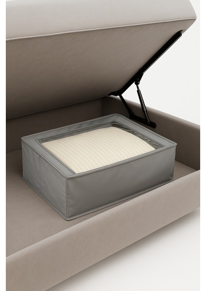 2 Adet Pencereli Imperteks Kumaş Suya Dayanıklı Destekli Telli Büyük Boy Plus Baza Altı Çok Amaçlı Organizer Hurç 66 x 46 x 20 cm