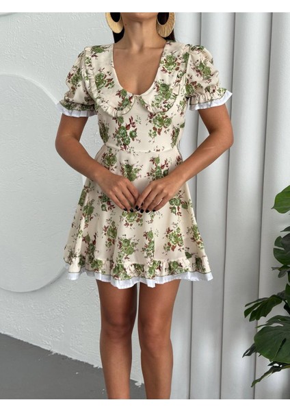 Çiçek Desen Astarlı Krep Kumaş Kısa Kadın Elbise modelleri