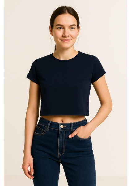 Bisiklet Yaka Ribana Kumaş Crop T-Shırt