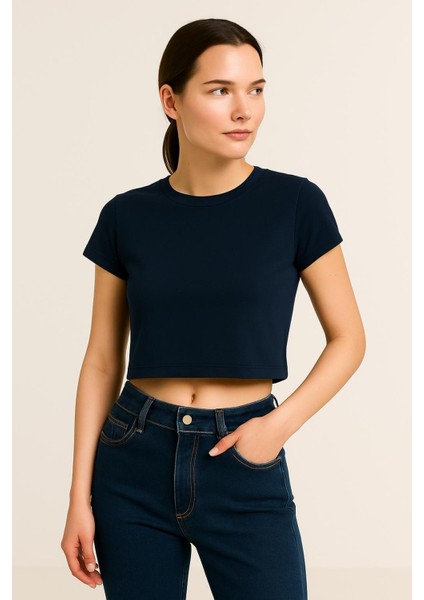 Bisiklet Yaka Ribana Kumaş Crop T-Shırt fiyatları
