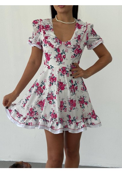 Çiçek Desen Astarlı Krep Kumaş Kısa Kadın Elbise