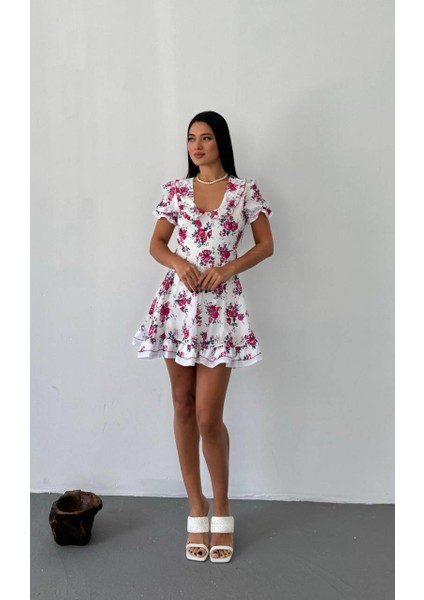 Çiçek Desen Astarlı Krep Kumaş Kısa Kadın Elbise fiyatları