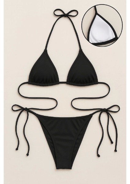 - Kadın Siyah Yandan ve Boyundan Bağlamalı Bikini Mayo Takımı