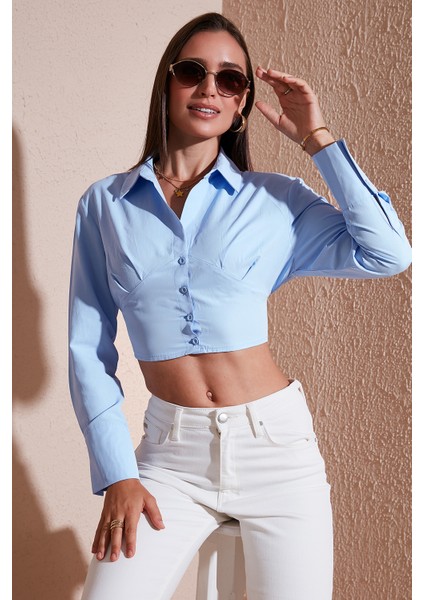 Fitted Fit Pamuklu Korse Detaylı Uzun Kollu Crop Gömlek Bayan Gömlek 611GO00376