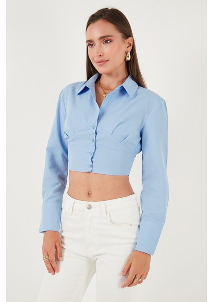Fitted Fit Pamuklu Korse Detaylı Uzun Kollu Crop Gömlek Bayan Gömlek 611GO00376 fırsatları