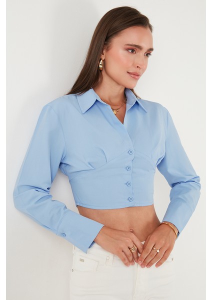 Fitted Fit Pamuklu Korse Detaylı Uzun Kollu Crop Gömlek Bayan Gömlek 611GO00376 indirimleri