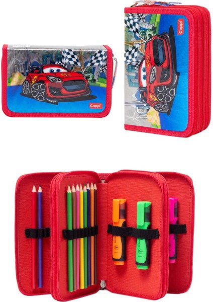 Araba Desenli Pvc Üç Bölmeli Erkek Çocuk Organizer Kalemlik Kalem Kutusu -CP7002