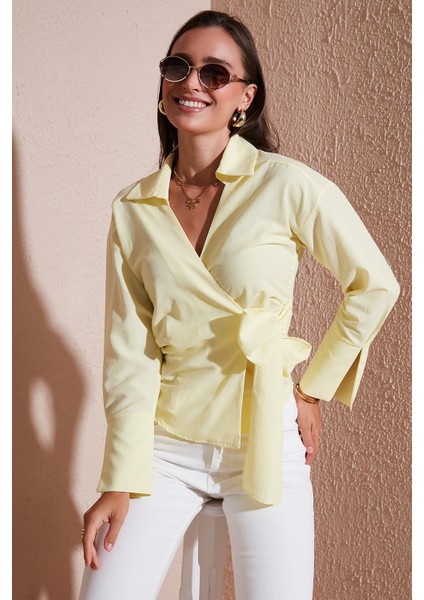 Pamuklu Regular Fit Uzun Kollu Bağlama Detaylı Gömlek Bayan Gömlek 65200538