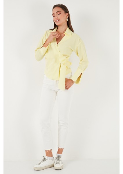 Pamuklu Regular Fit Uzun Kollu Bağlama Detaylı Gömlek Bayan Gömlek 65200538 fiyatları