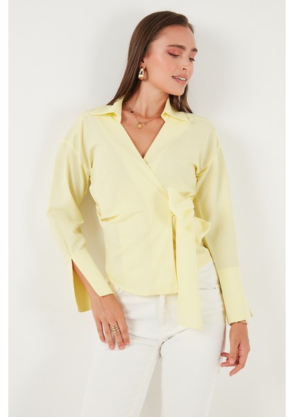 Pamuklu Regular Fit Uzun Kollu Bağlama Detaylı Gömlek Bayan Gömlek 65200538 modelleri