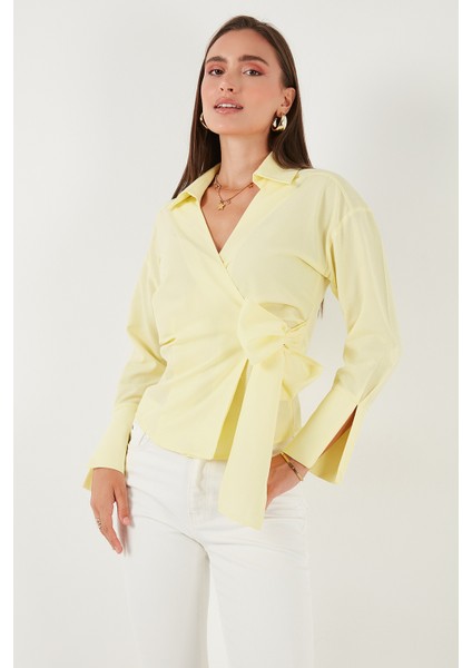 Pamuklu Regular Fit Uzun Kollu Bağlama Detaylı Gömlek Bayan Gömlek 65200538 fırsatları
