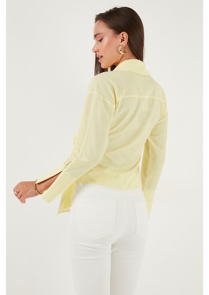 Pamuklu Regular Fit Uzun Kollu Bağlama Detaylı Gömlek Bayan Gömlek 65200538