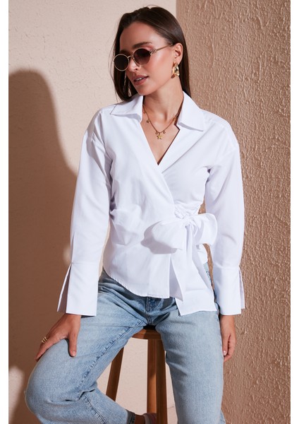 Pamuklu Regular Fit Uzun Kollu Bağlama Detaylı Gömlek Bayan Gömlek 65200538