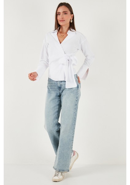 Pamuklu Regular Fit Uzun Kollu Bağlama Detaylı Gömlek Bayan Gömlek 65200538 fiyatları