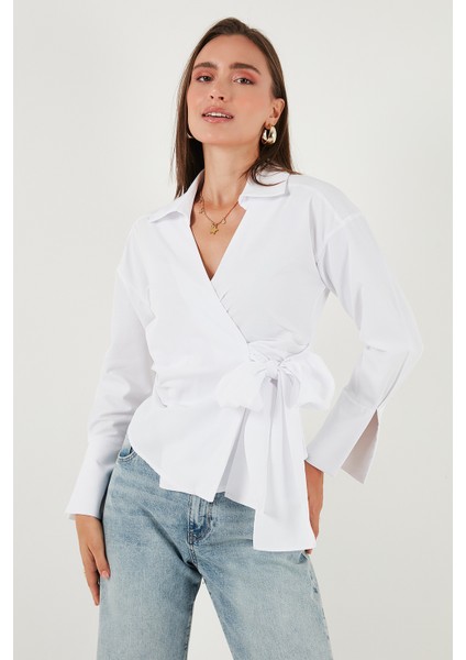Pamuklu Regular Fit Uzun Kollu Bağlama Detaylı Gömlek Bayan Gömlek 65200538 indirimleri