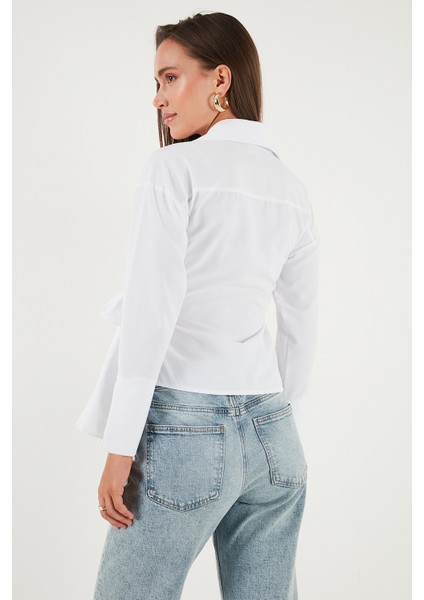 Pamuklu Regular Fit Uzun Kollu Bağlama Detaylı Gömlek Bayan Gömlek 65200538