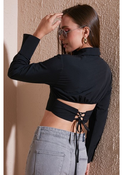 Fitted Fit Pamuklu Korse Detaylı Uzun Kollu Crop Gömlek Bayan Gömlek 611GO00376