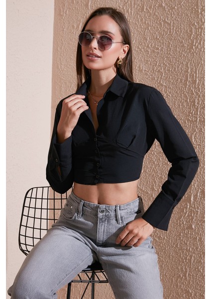 Fitted Fit Pamuklu Korse Detaylı Uzun Kollu Crop Gömlek Bayan Gömlek 611GO00376 fiyatları