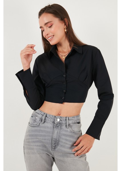 Fitted Fit Pamuklu Korse Detaylı Uzun Kollu Crop Gömlek Bayan Gömlek 611GO00376 fırsatları