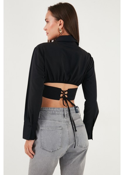 Fitted Fit Pamuklu Korse Detaylı Uzun Kollu Crop Gömlek Bayan Gömlek 611GO00376