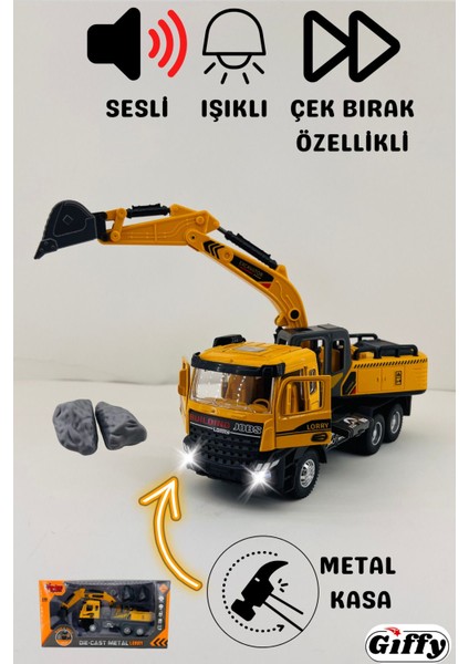 Oyuncak Iş Makinesi Sesli Işıklı Çek Bırak Vinç, Kule Vinç ve Kepçe 30 cm Aksesuarlı Kapıları Açılan