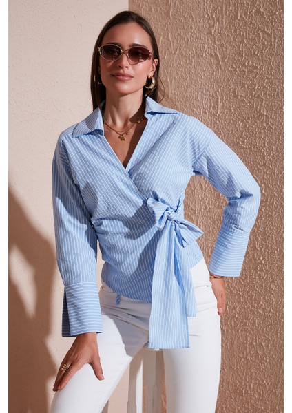 Pamuklu Regular Fit Uzun Kollu Bağlama Detaylı Gömlek Bayan Gömlek 65200538