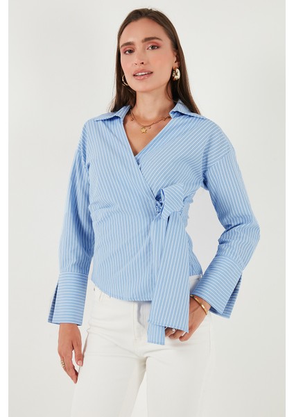 Pamuklu Regular Fit Uzun Kollu Bağlama Detaylı Gömlek Bayan Gömlek 65200538 fırsatları