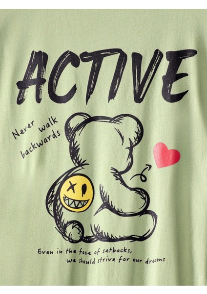 Erkek Açık Yeşil Arkası Active Ayıcık Baskılı Bisiklet Yaka T-Shirt