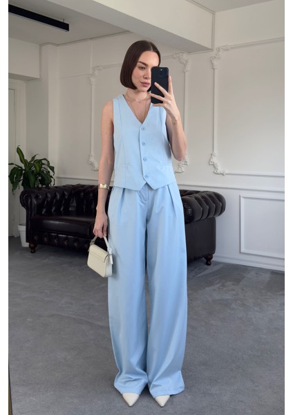 Yelekli Premium Orj Keten Takım- Bebe Mavisi