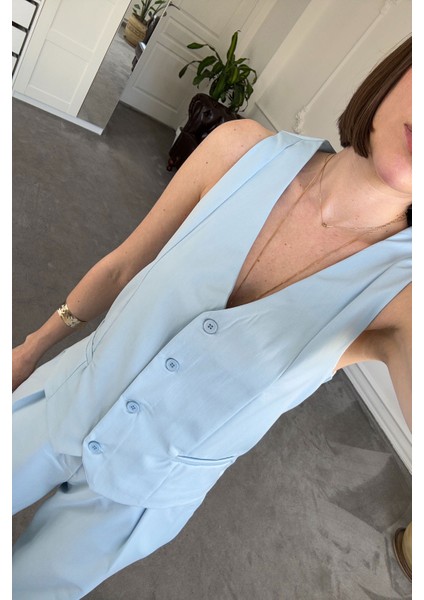 Yelekli Premium Orj Keten Takım- Bebe Mavisi fiyatları