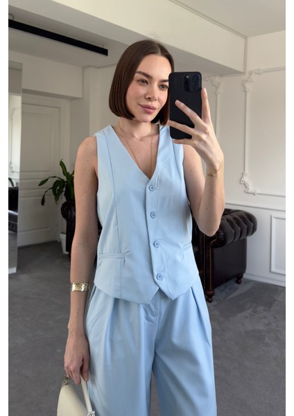 Yelekli Premium Orj Keten Takım- Bebe Mavisi indirimleri