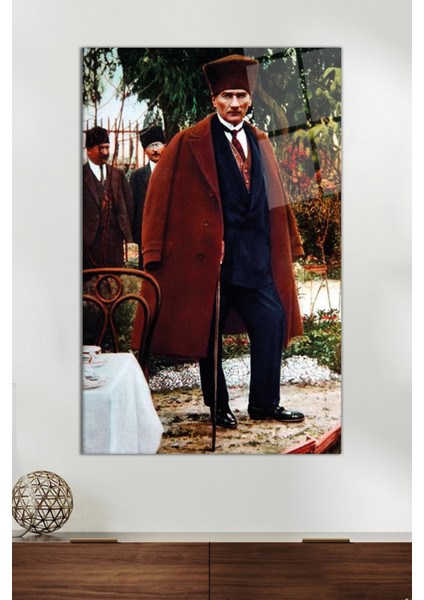 Atatürk Palto ve Baston Cam Tablo, Modern Ev Ofis Dekoru, Hediyelik Duvar Dekorasyonu, Kırılmaz Cam
