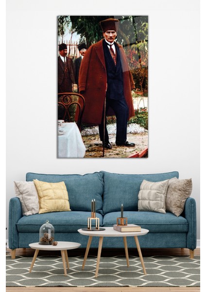 Atatürk Palto ve Baston Cam Tablo, Modern Ev Ofis Dekoru, Hediyelik Duvar Dekorasyonu, Kırılmaz Cam modelleri