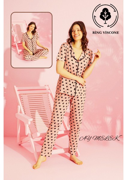 Ay Melek Kadın Pijama Takımı Ring Viscone Bambu Doku Gömlek ve Pijama Seti