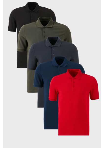 Pamuklu Regular Fit Düğmeli Polo Yaka 5'li Paket T Shirt Erkek T Shirt 5902127S5