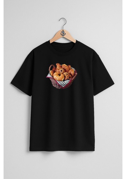 Oversize Croissant Bread Kruvasan Sepeti Göğüs Tasarımlı Unisex T-Shirt