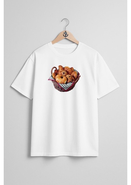 Oversize Croissant Bread Kruvasan Sepeti Göğüs Tasarımlı Unisex T-Shirt