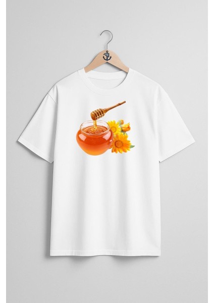 Oversize Kavanoz Bal Göğüs Tasarımlı Unisex T-Shirt