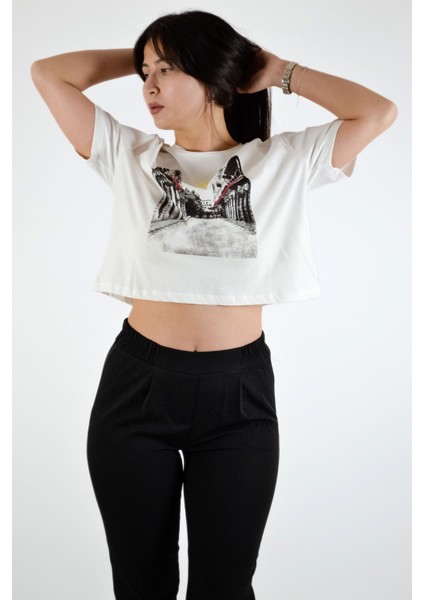 Sıfır Yaka Baskılı T-Shirt - Ekru fırsatları