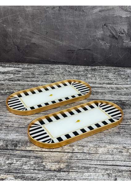 2 Kişilik Gold Detaylı Siyah Sunum Servis Tepsisi Desenli Tepsi Dekoratif Oval