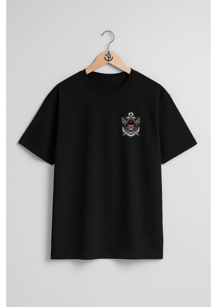 Oversize Skull Pirate With Sword And Anchor Cep ve Sırt Tasarımlı Unisex T-Shirt