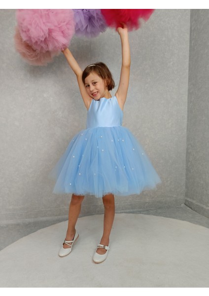 Kız Çocuk Abiye Elbise Ada, Bebe Mavi Etek Incili,tütü Elbise