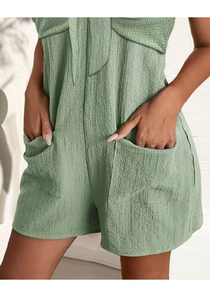 Kadın Kolsuz Askı Aksesuarlı Önü Bağlama Detay Salopet Şort Tulum indirimleri